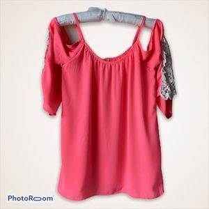 Pink Cold Shoulder Top with Lace Accents on Sleeve Spaghetti Straps Size Small
